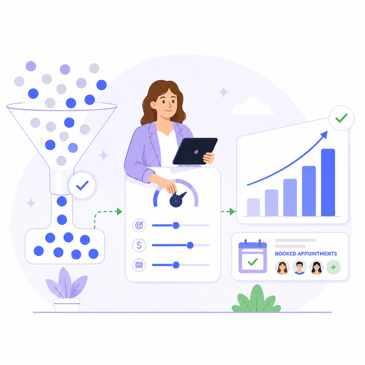 Inquiries filtered through a funnel while targeting and bids are tuned