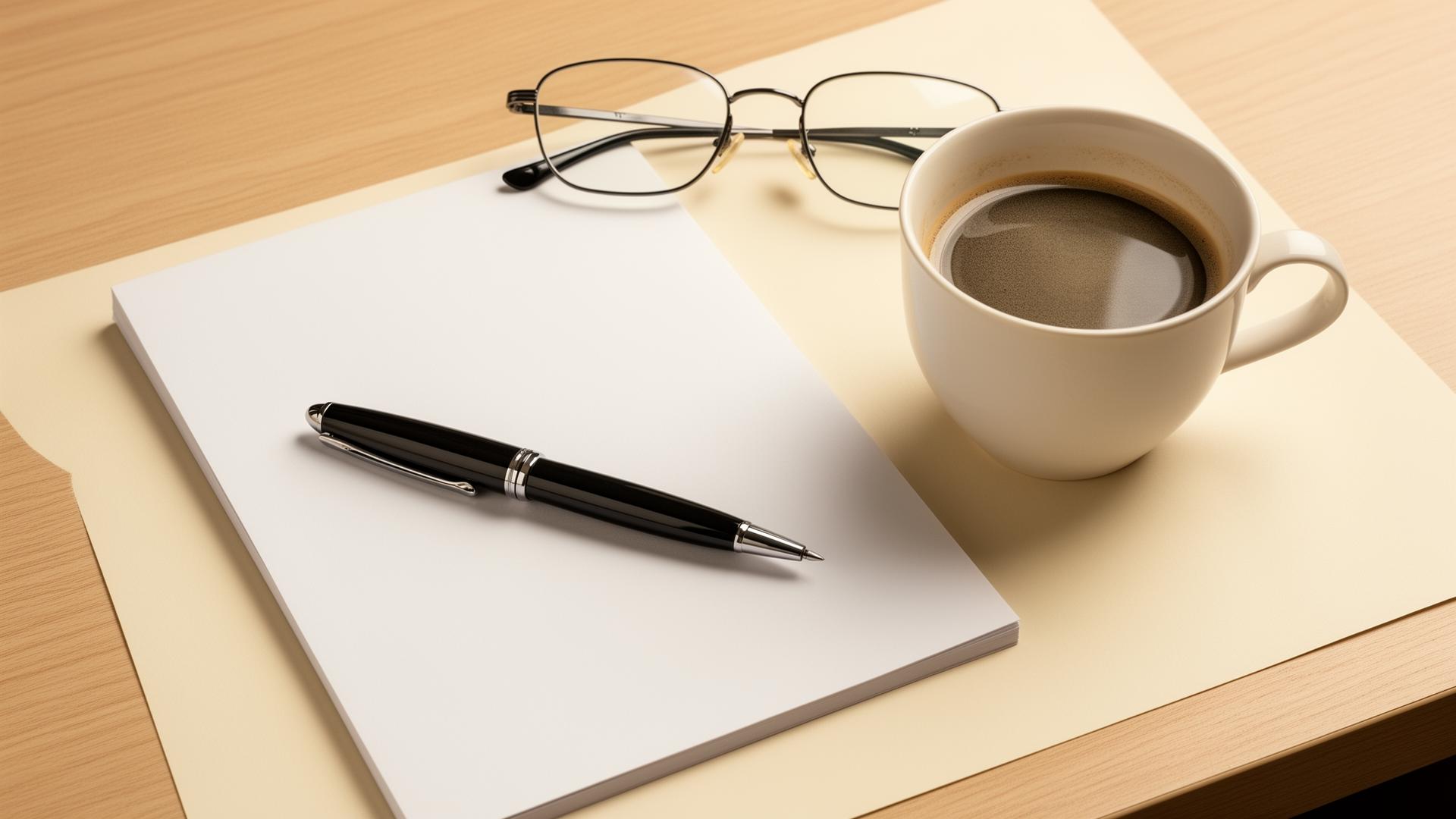 Investor desk with notepad and coffee