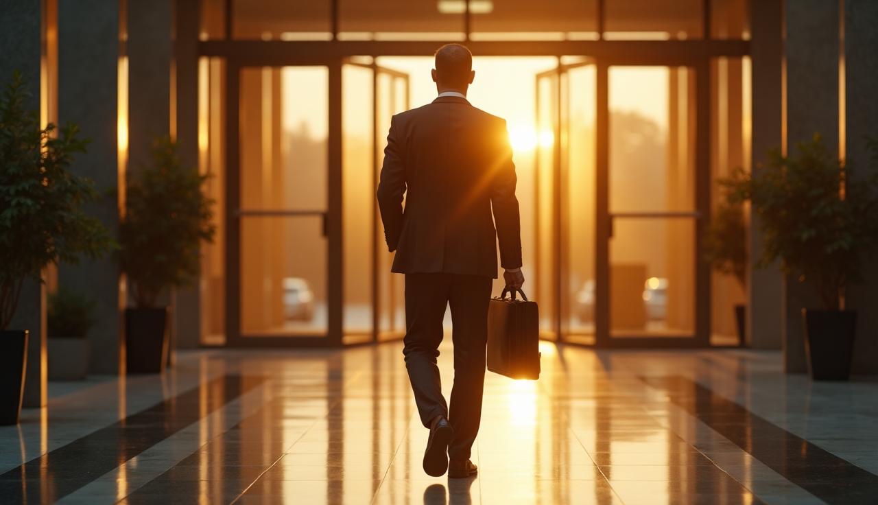 Determined businessman walking into office building at golden hour