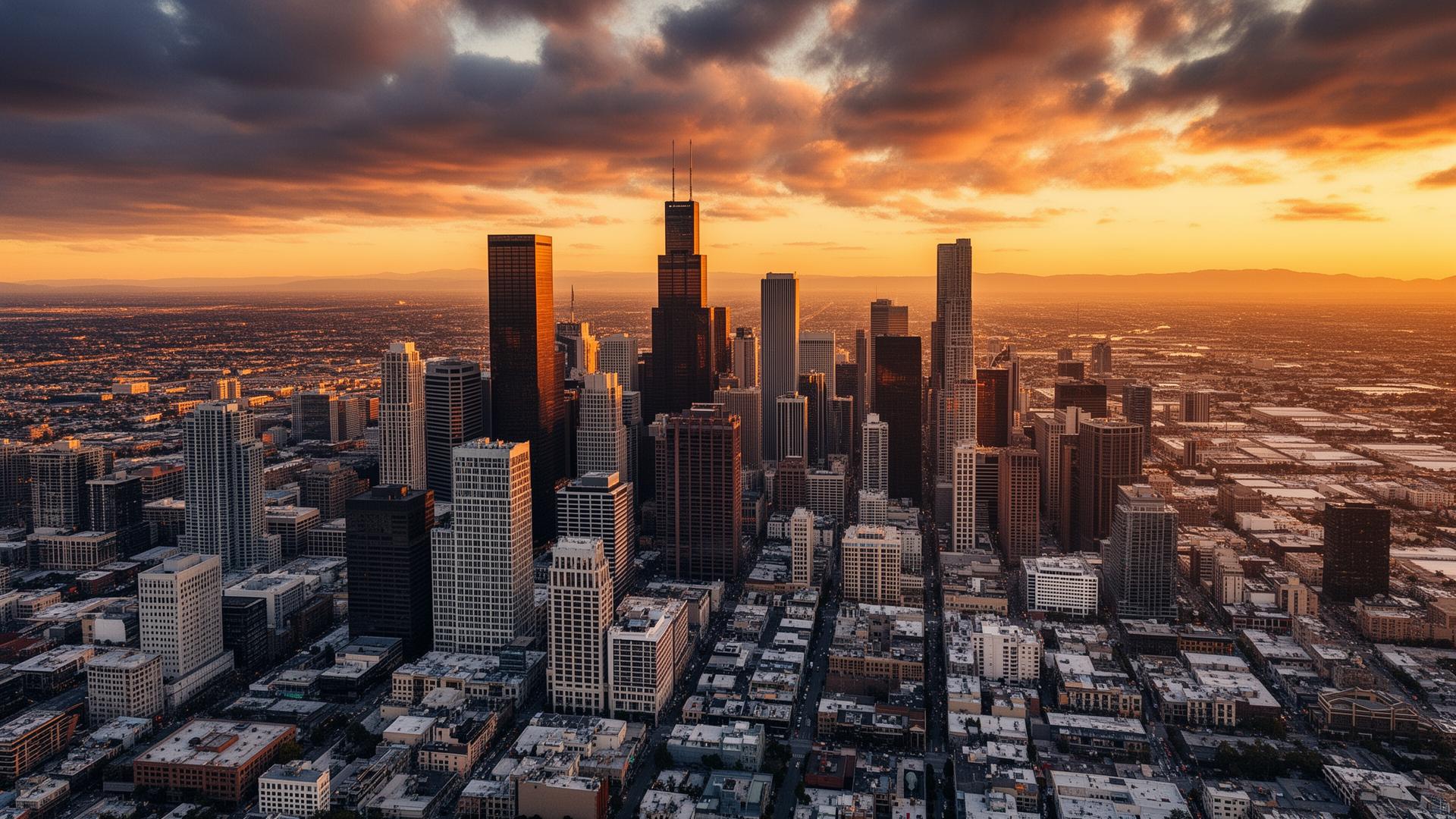 American city skyline at dusk