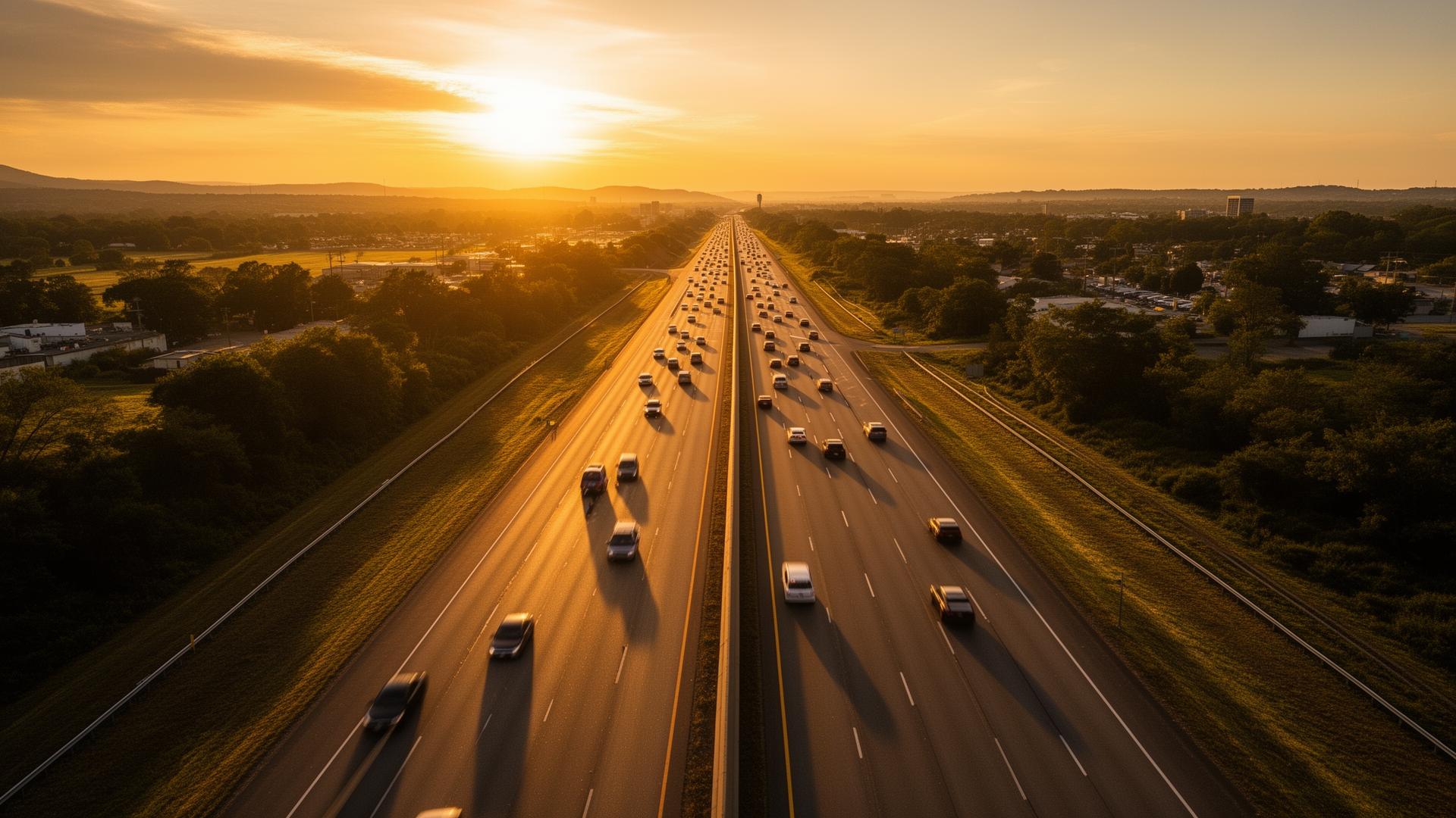 American highway at golden hour