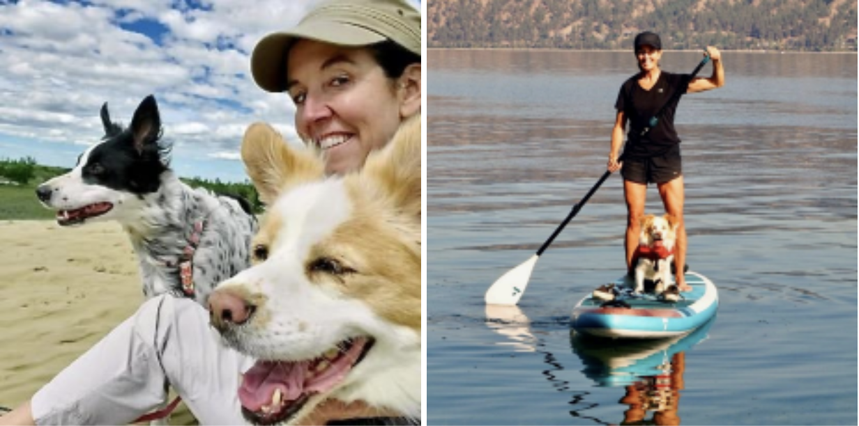 Debora with her dogs Lucy and Beo at the Great Debora with Beo on her paddle board on Lake Sand Hills In southern Saskatchewan. 