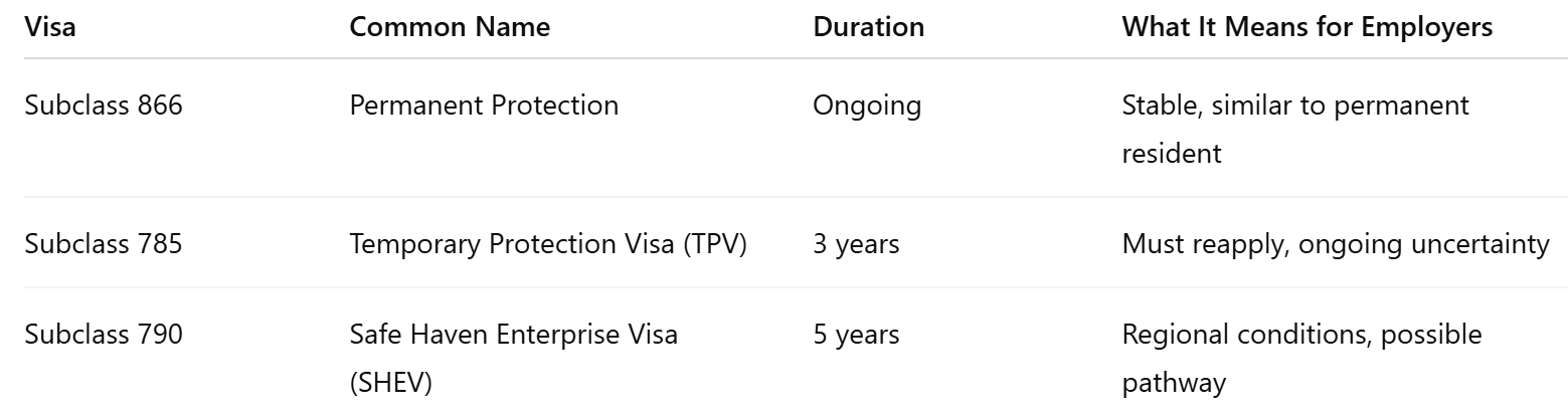 Not All Protection Visas Are the Same  This is the biggest misunderstanding.  There is not one type of protection visa. There are three main ones, and they behave very differently.  The Three Key Types Visa	Common Name	Duration	What It Means for Employers Subclass 866	Permanent Protection	Ongoing	Stable, similar to permanent resident Subclass 785	Temporary Protection Visa (TPV)	3 years	Must reapply, ongoing uncertainty Subclass 790	Safe Haven Enterprise Visa (SHEV)	5 years	Regional conditions, possible pathway  👉 Most people in recent years are on TPV or SHEV, not permanent visas.