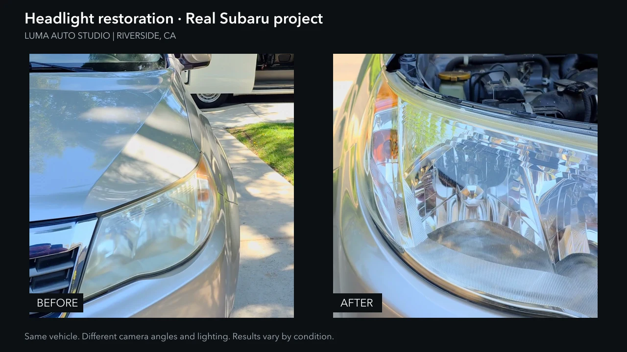Before and after views of the same Subaru headlight, with different camera angles and lighting noted.