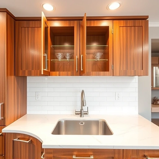 Elegant kitchen with wooden cabinet, brushed nickel hardware, white quartz countertop, and stylish subway tile backsplash.
