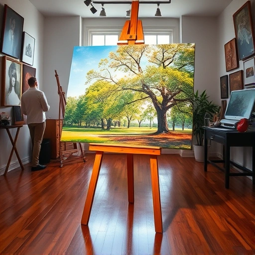 Completed painting in Balch Springs TX featuring a serene landscape, vibrant colors, and polished hardwood studio.