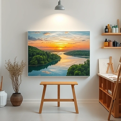 Completed painting in Heath TX features a serene lake, vibrant sunset, and lush greenery in a modern art studio.
