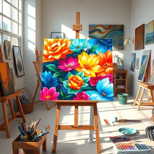 Completed painting on easel in Forney TX, vibrant colors, art supplies around, natural light enhances creative studio.