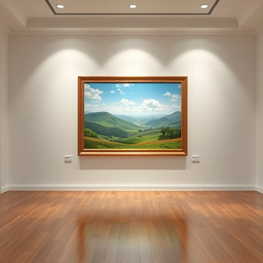 Completed landscape painting in Josephine TX with vibrant colors in a softly lit gallery setting.