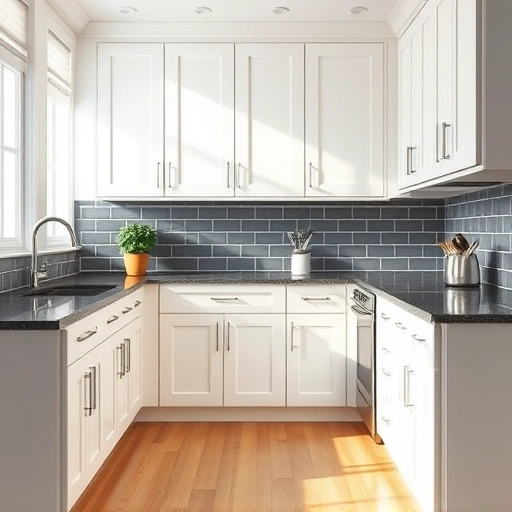 Transformed kitchen in Addison TX with white cabinets, dark granite countertops, and elegant gray subway tile backsplash.