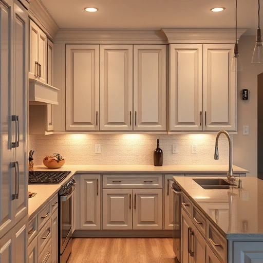 Cabinet painting in Royse City TX features glossy cabinetry in soft colors, modern appliances, and inviting lighting.
