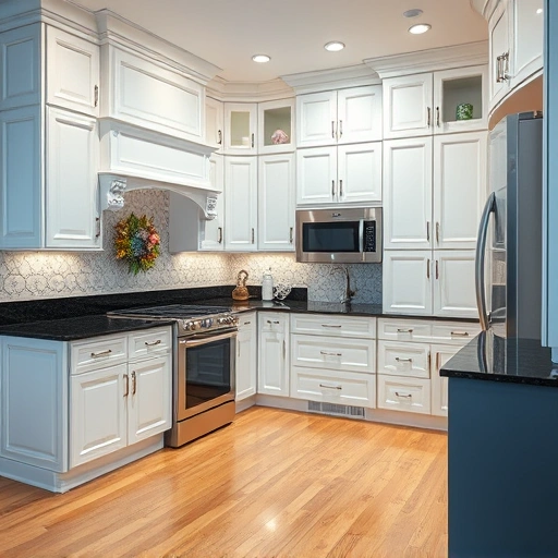 Beautifully painted kitchen cabinetry in glossy white with dark granite countertops and modern stainless steel appliances.
