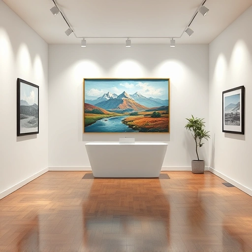 Vibrant landscape painting in modern gallery with soft white walls and polished wooden floor, evoking tranquility.