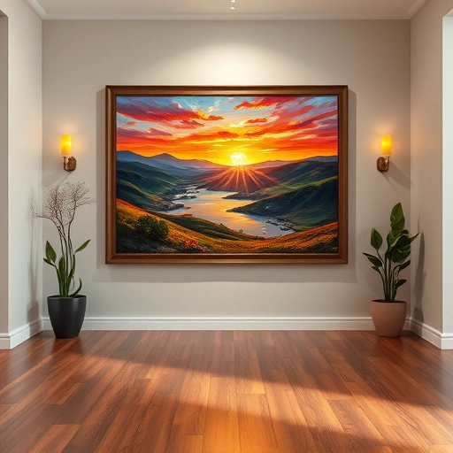 Vibrant landscape painting in a modern gallery with sleek decor, showcasing rich colors and textures.