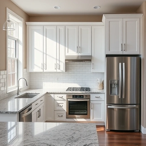 Completed cabinet painting in Forney TX featuring high-gloss white cabinets and modern kitchen design with granite countertop.