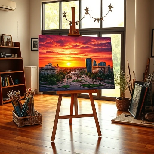 Painting of Addison skyline at sunset with vibrant colors in a serene art studio, showcasing creativity and craftsmanship.