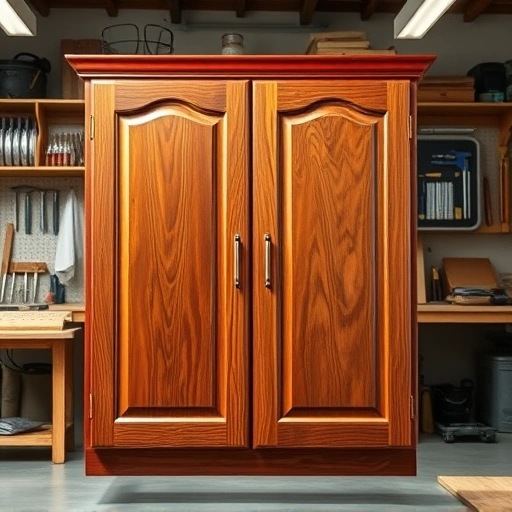 Cabinet door painting in Garland TX showcasing rich wood grain, glossy finish, and a clean, organized workshop.