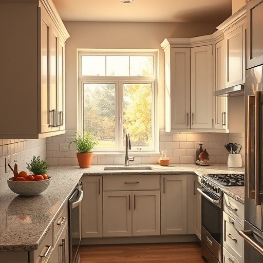Beautifully painted kitchen cabinets in soft colors with polished granite countertops and modern appliances in Sunnyvale TX.