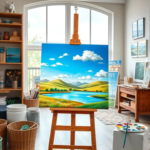 Vibrant painting in Seagoville TX featuring serene landscape, rustic easel, and bright airy art studio atmosphere.