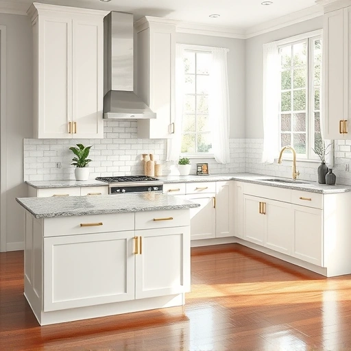 Glossy white kitchen cabinets with gold hardware and polished granite countertop in a bright, inviting atmosphere.