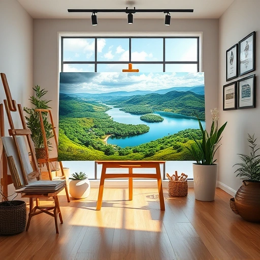 Vibrant landscape painting in a serene studio setting with lush greenery, lake, and artistic details showcasing craftsmanship.