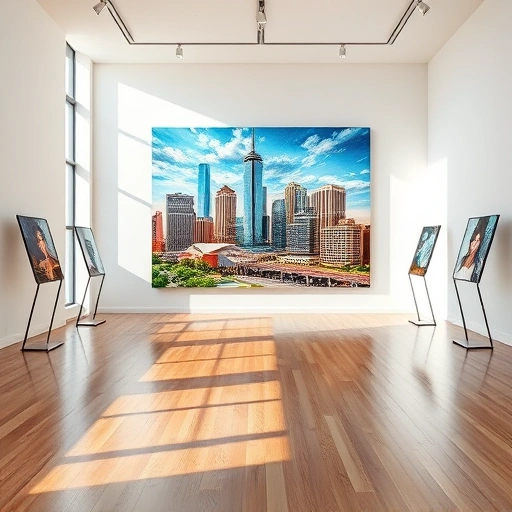 Completed painting in modern Dallas gallery features vibrant cityscape with iconic landmarks and elegant display stands.