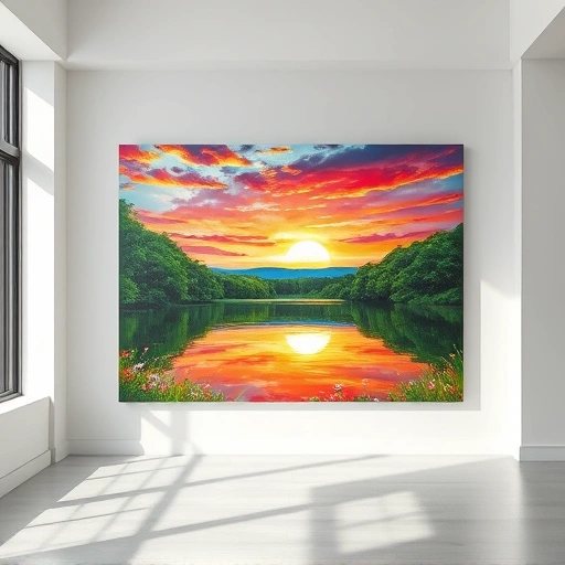 Completed painting of a vibrant sunset over a tranquil lake in Lavon TX, displayed in a modern gallery.