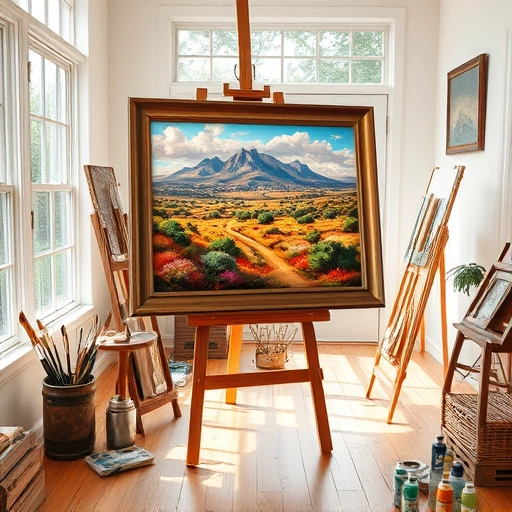 Completed painting in Caddo Mills TX on an easel surrounded by art supplies and natural light in a serene studio.