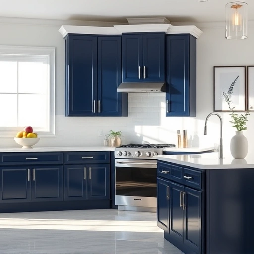 Cabinet painting in Wylie TX showcases navy blue cabinets with white trim in a modern kitchen setting.
