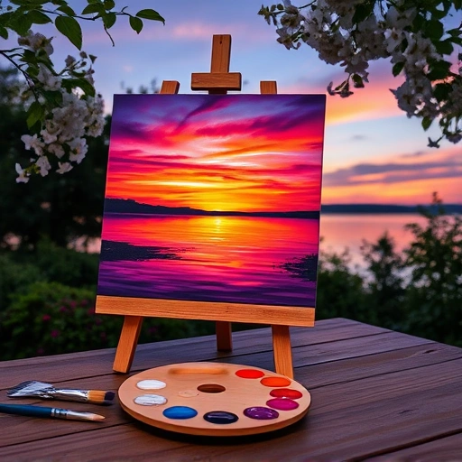 Completed painting of a sunset over Lake Ray Hubbard on an easel, surrounded by art supplies in Rowlett TX.