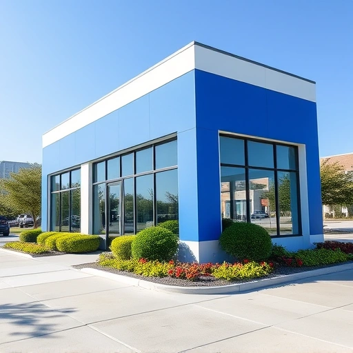 Vibrant commercial painting of a modern office building in Garland TX with white walls and blue trim.