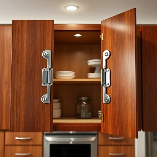 Polished wooden cabinet with gleaming metal hinges in a modern kitchen showcasing elegant functionality.