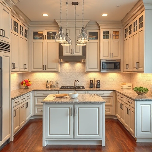 Beautifully painted kitchen cabinets in soft colors with modern hardware and polished granite countertops in Anna TX.