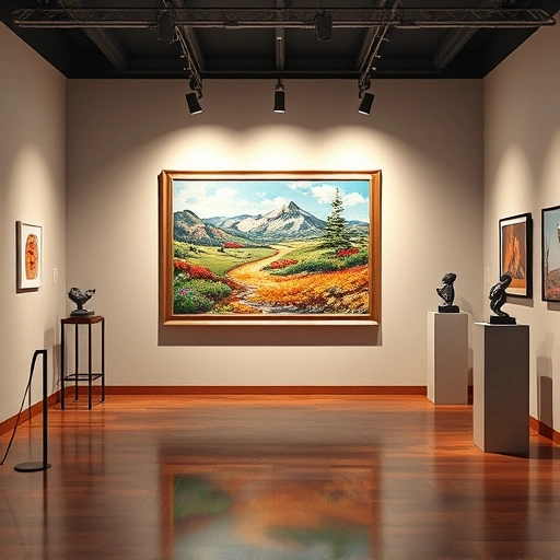 Vibrant landscape painting in modern art gallery in Anna TX, illuminated and framed, with sculptures in background.