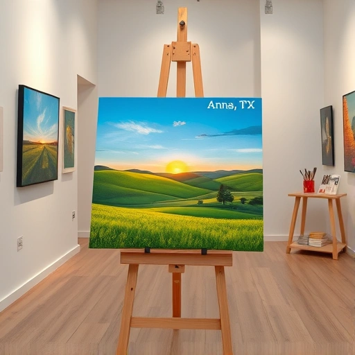Completed painting in Anna TX features vibrant colors, rolling hills, sunset hues, and a modern gallery setting.