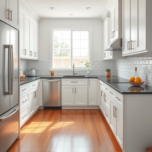 Cabinet Painting in Carrollton TX showcasing matte white cabinets, dark granite countertops, and polished hardwood floors.