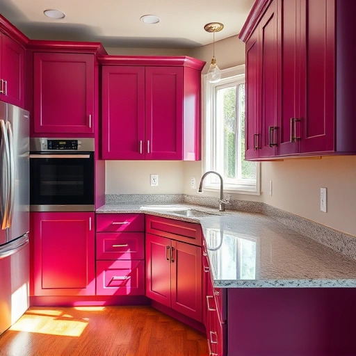 Beautifully painted kitchen cabinets in Garland TX showcase rich colors, sleek granite countertops, and warm hardwood flooring.