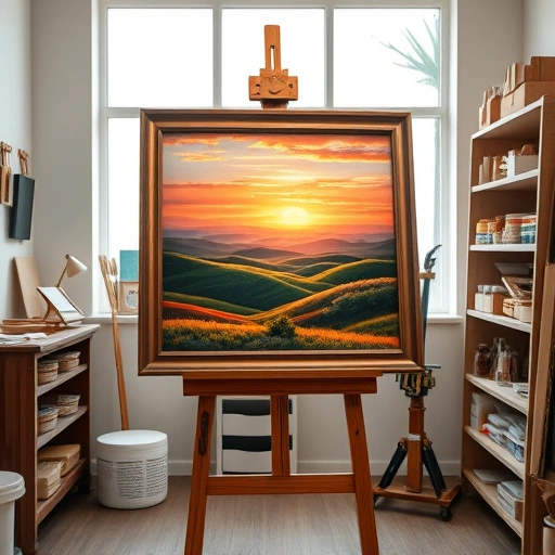 Completed painting in Melissa TX with vibrant colors, serene landscape, and a polished easel in a well-lit studio.
