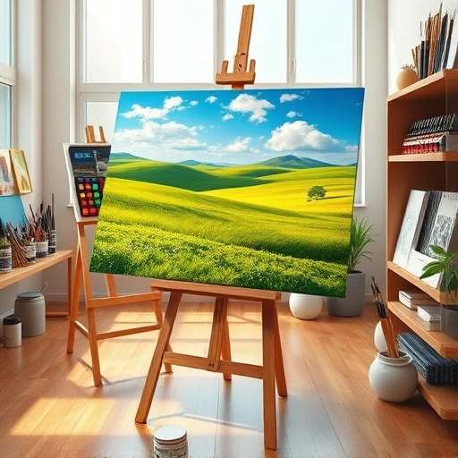 A vibrant landscape painting on an easel in a well-lit art studio filled with supplies and inspiring artwork.