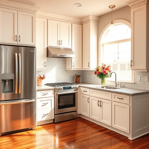 Cabinet painting in a stunning Carrollton TX kitchen with modern appliances, granite countertops, and natural light.