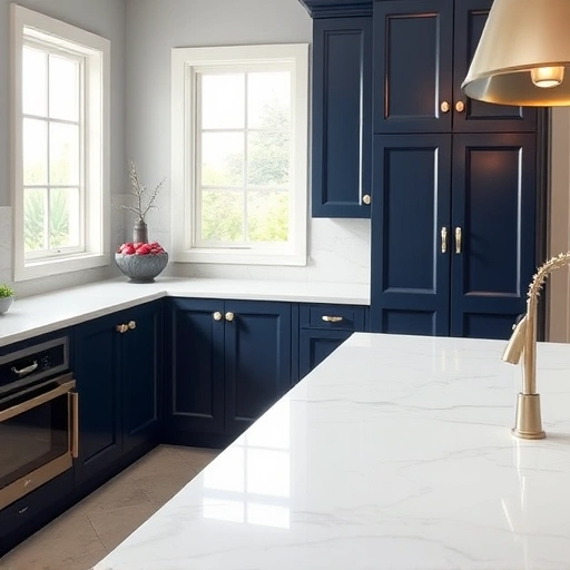 Elegant navy blue kitchen cabinets with gold knobs, white marble countertops, and soft gray walls in a serene setting.
