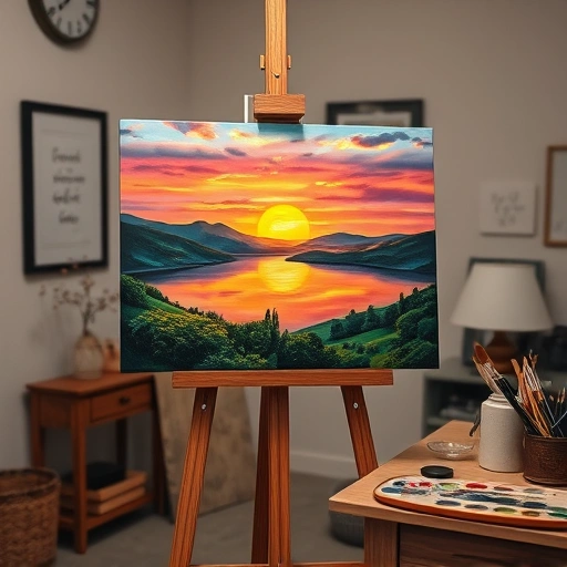 Completed painting in Lucas TX showing sunset over a lake with vibrant colors and lush greenery on display.