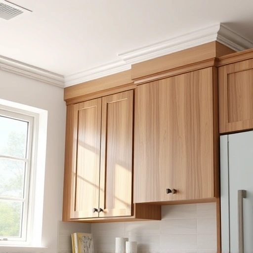 Cabinet crown molding installation in a modern Garland TX kitchen with rich wood texture and elegant decor.