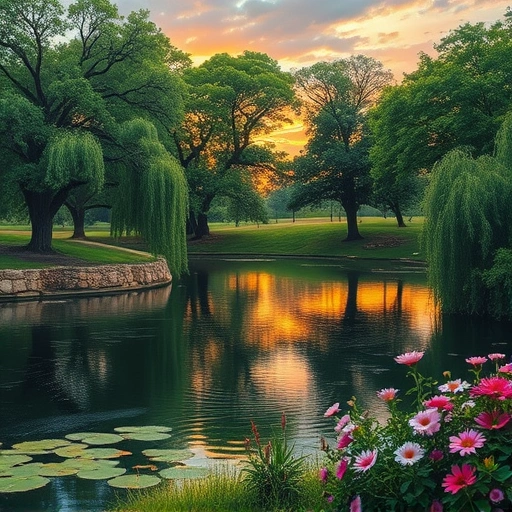 Serene Texas park at sunset with lush greenery, tranquil pond, tall trees, and blooming wildflowers.