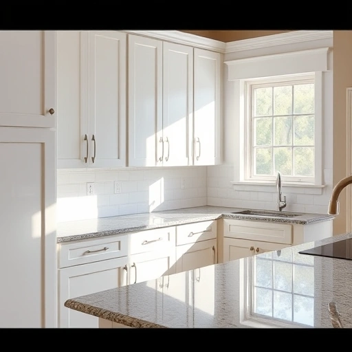 Cabinet painting in a modern kitchen in Melissa, TX, showcasing glossy white cabinets and sleek granite countertops.