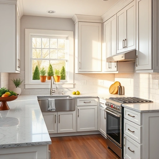 Freshly painted white cabinetry with gray undertones in a bright Seagoville kitchen featuring quartz countertops.