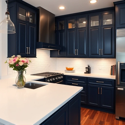 Modern kitchen in Allen TX with navy blue cabinets, white quartz countertops, and stylish subway tile backsplash.