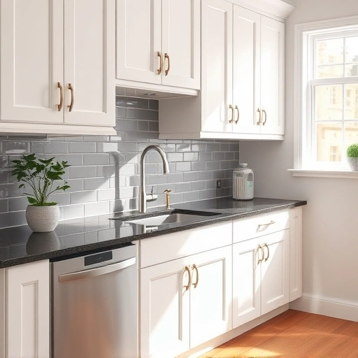 Freshly painted kitchen in Balch Springs TX with glossy white cabinets and dark granite countertops. Stylish decor accents.