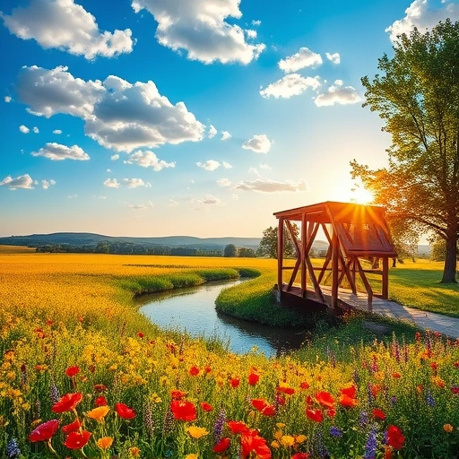 Lush Garland TX landscape with vibrant wildflowers, meandering creek, and serene sunset over rolling hills.