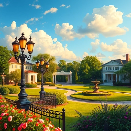 Completed painting of Highland Park TX featuring lush parks, elegant homes, and ornate streetlamps in golden light.